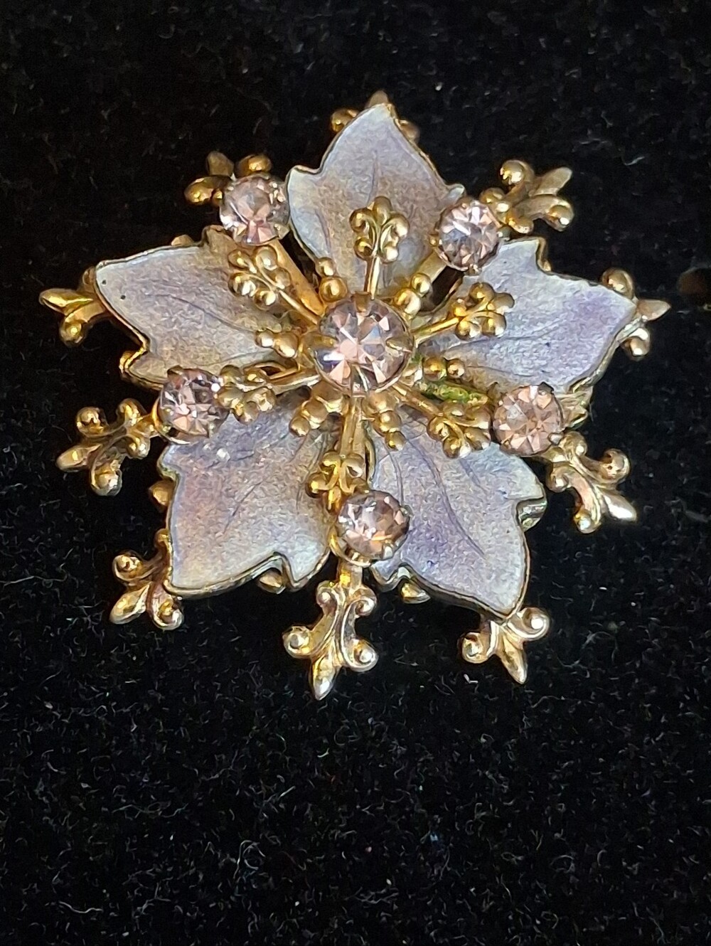 Gold Tone Floral Snowflake Brooch with Iridescent Lavender Enamel and Crystals